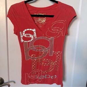 Bebe Orange Tee V-Neck Cotton Knit Top with Gold & Silver Embellishments